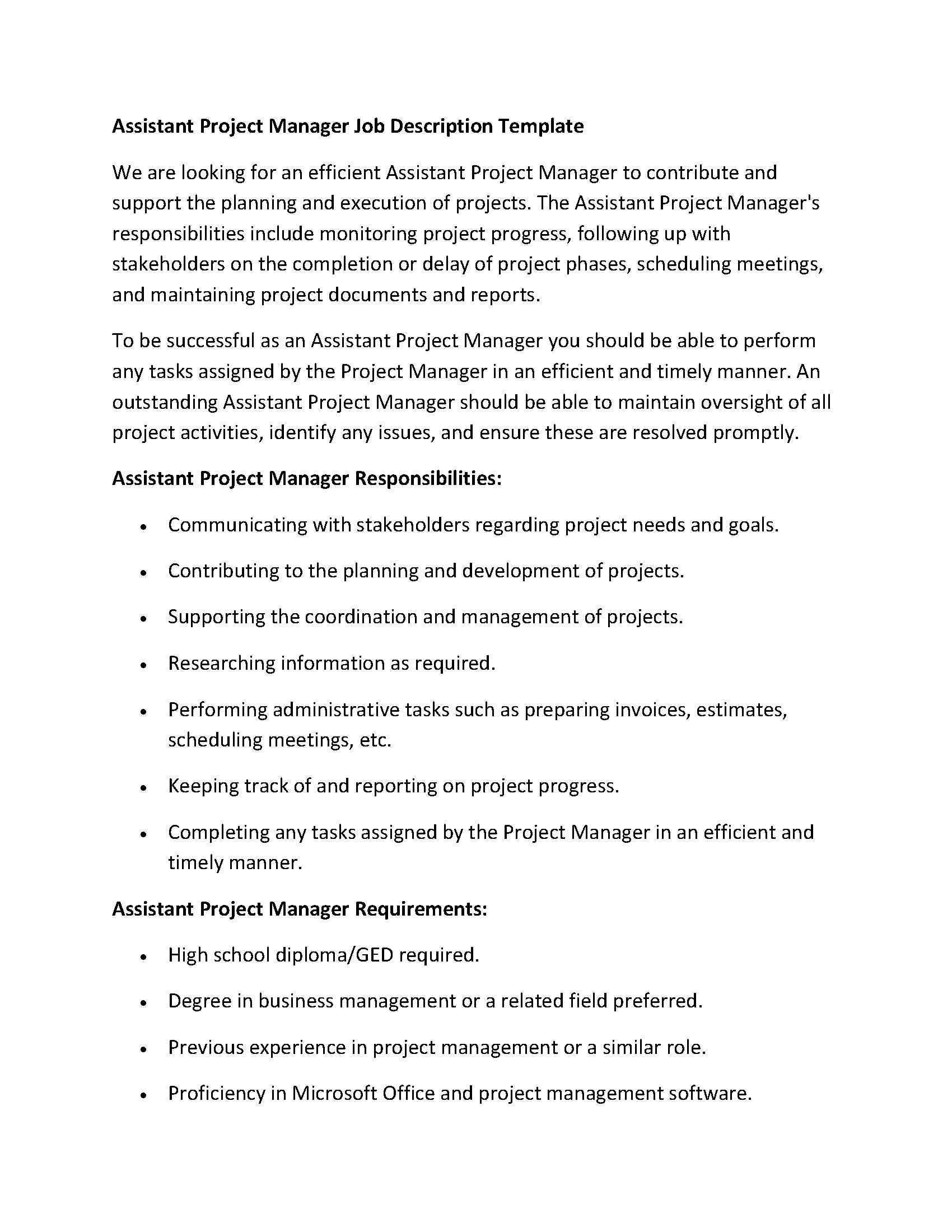 Assistant Project Manager Job Description Template